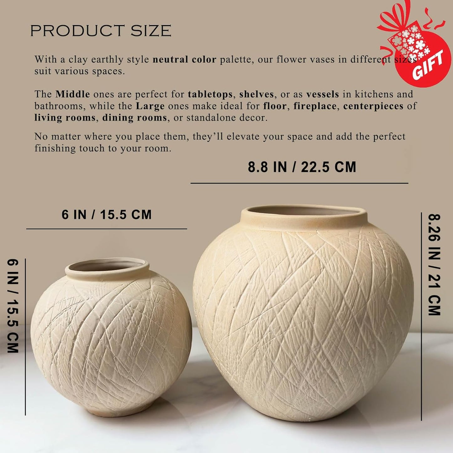 in Ceramic Boho Decorative Vase for Decor / 03 - Large Rustic Carved Beige / 8.8 Inch