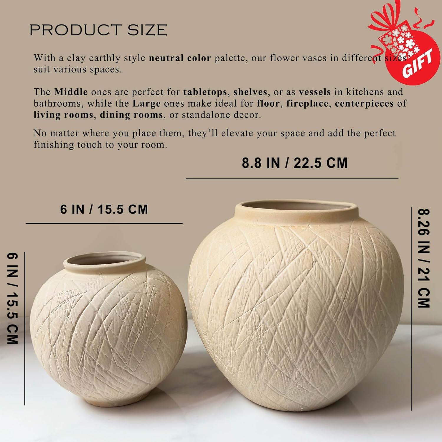 in Ceramic Boho Decorative Vase for Decor / 03 - Large Rustic Carved Beige / 8.8 Inch