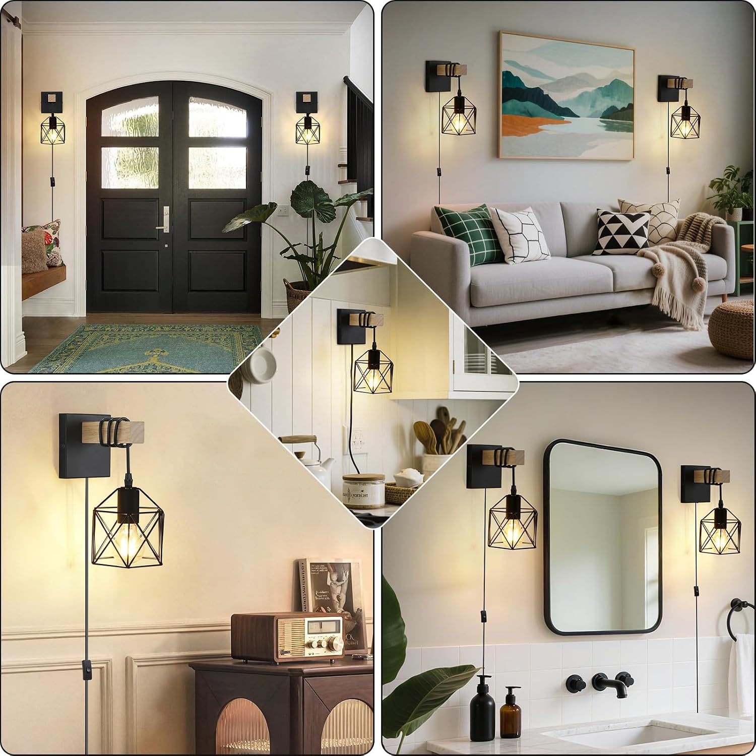 Lightess Farmhouse Plug in Wall Sconces Lamps for Bedroom Set of 2 | Easy Plug In Installation Without Wiring Work
