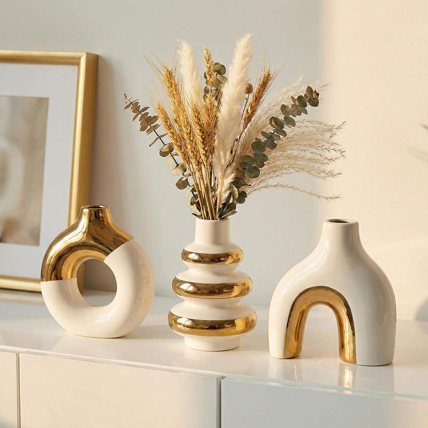 Modern Ceramic Decorative Vase / White and Gold / Set of 3