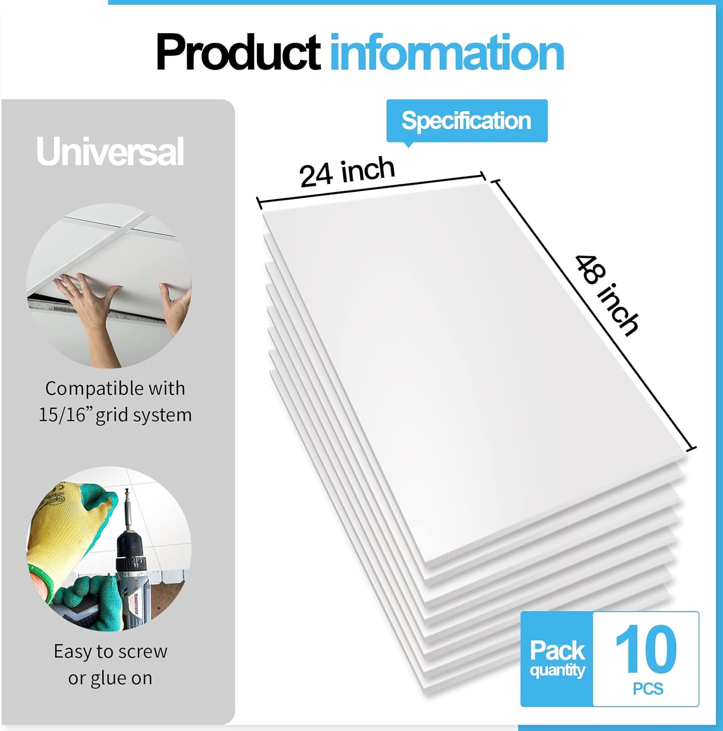 Smooth Drop Ceiling Tile x / Rectangle White / 24*48 / 2 Inch / Set of 10