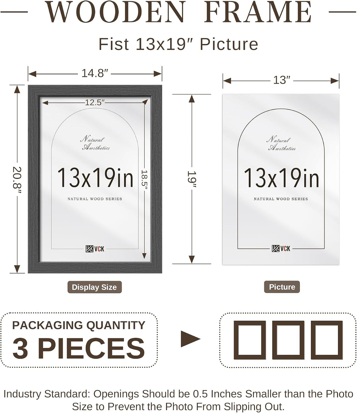 VCK 13x19 Picture Frames Set of 3, Grey Woodgrain, Wall Hanging | Wide Border, Exclusive Woodgrain, Shatterproof