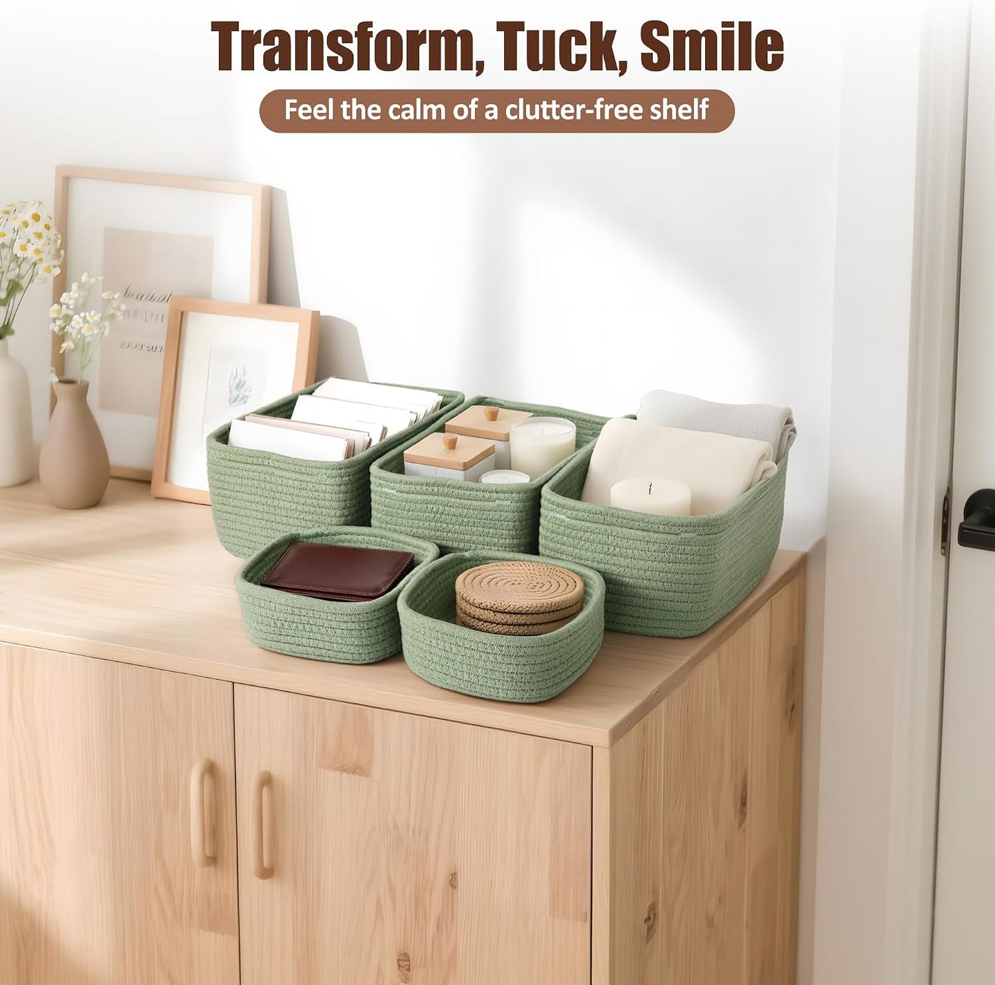 Small Woven Rope Storage Baskets / Green / 11.81*7.48*4.72'' & 5.91*5.91*2.56 / Set of 5