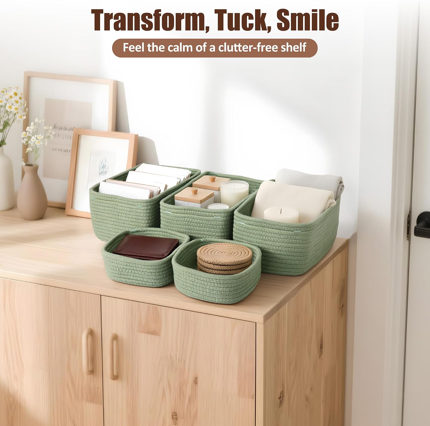 Small Woven Rope Storage Baskets / Green / 11.81*7.48*4.72'' & 5.91*5.91*2.56 / Set of 5