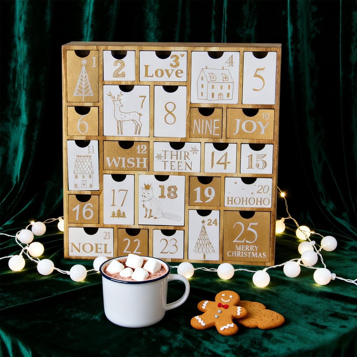 Juegoal Advent Calendar with 25 Drawers Countdown to Christmas, Refillable Wooden Advent Xmas Gift for Kids, 12 Inches