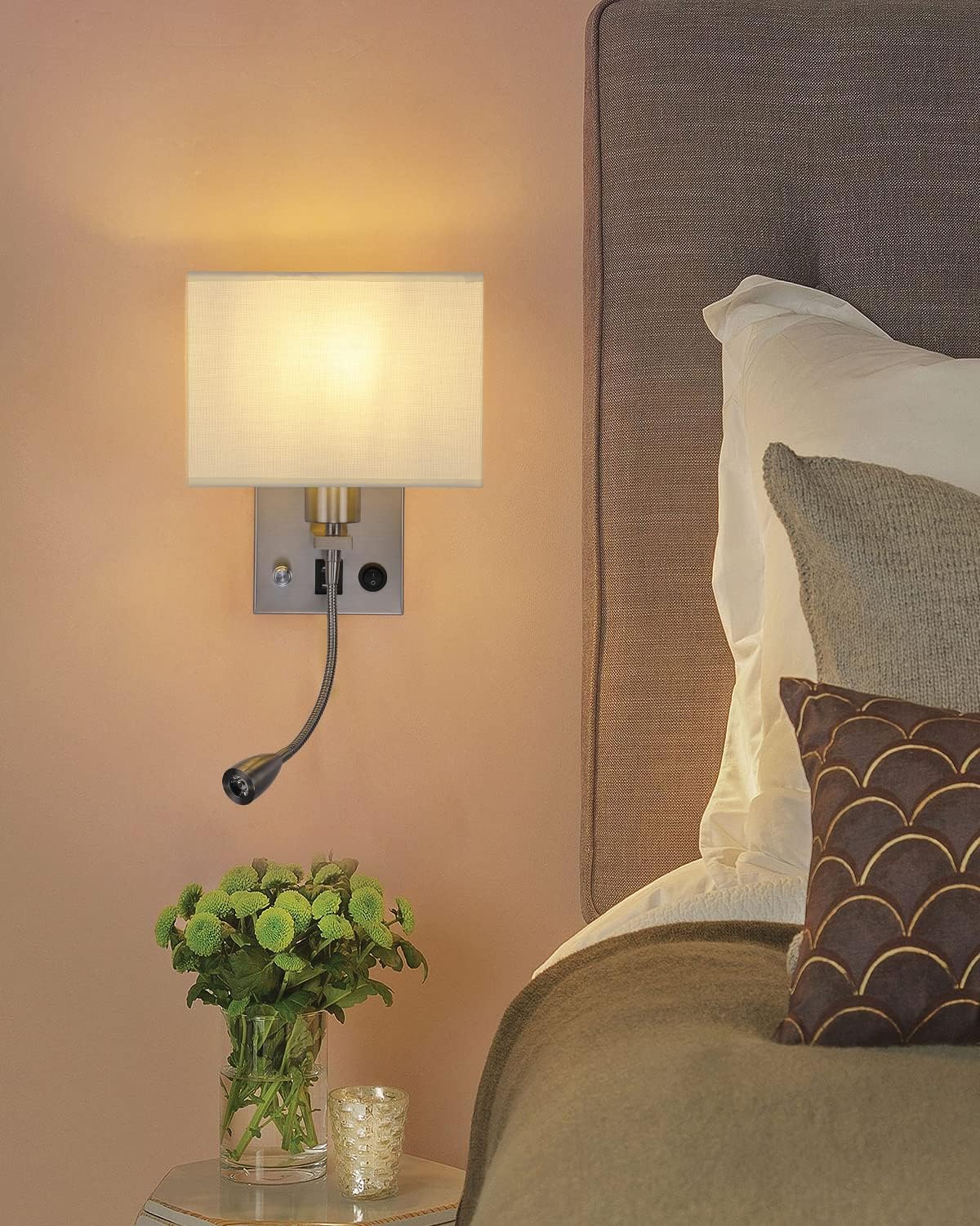 Wall Sconce Plug in Set of 2, Bedside Wall Mount Reading Lights | Bedroom Wall Lighting Fixtures With LED Reading Lamp