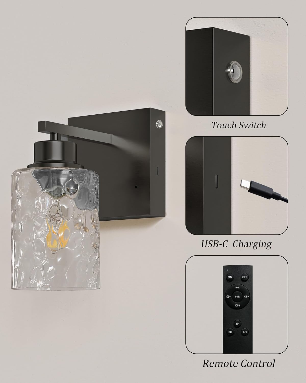 Hammered Glass Wireless Battery Operated Wall Sconces Set of Two Black | Dimmable Rechargeable Wall Lights with Remote
