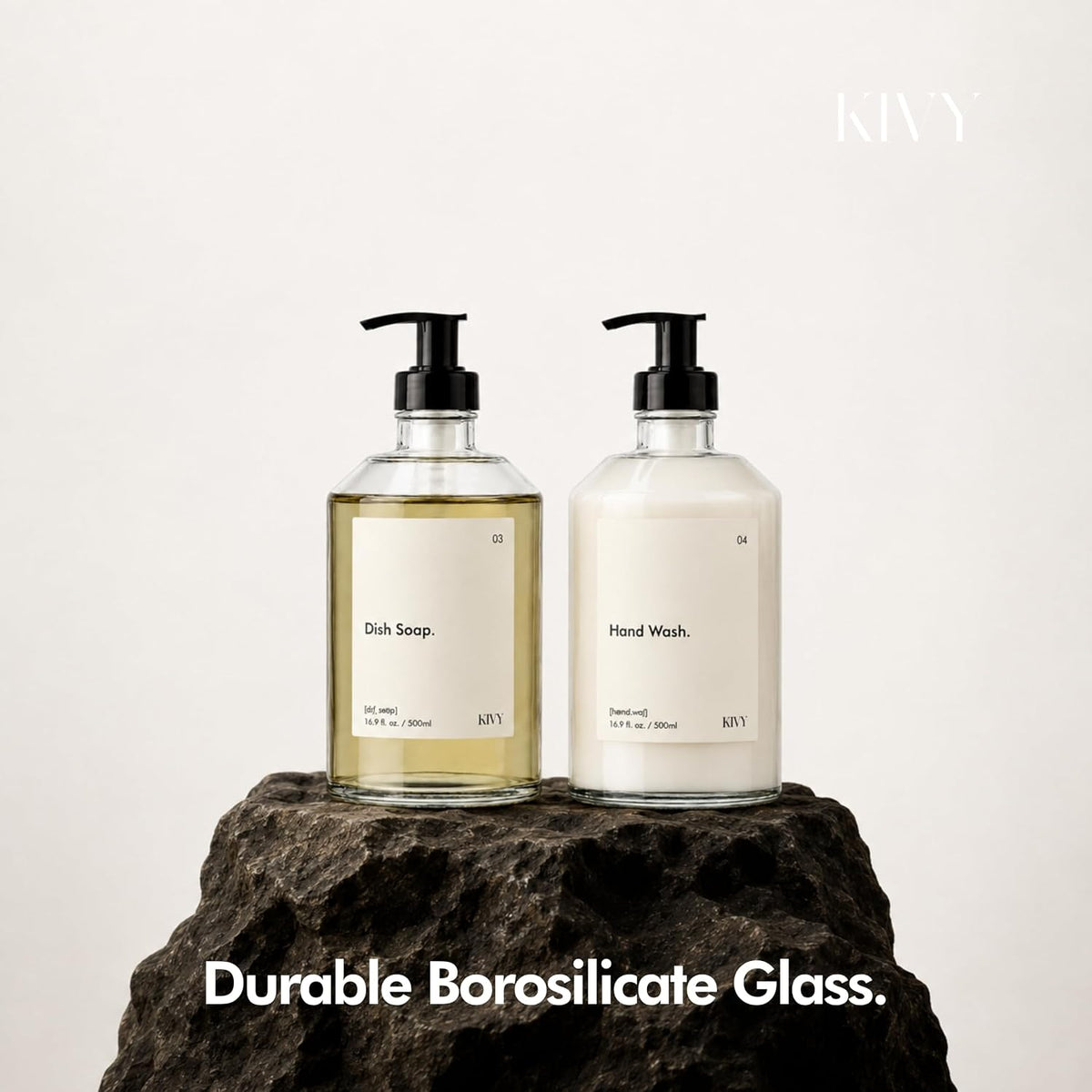 KIVY Glass Soap Dispenser Set 2X 16oz - incl. Waterproof Labels - with Pump | Glass Soap Dispenser with Pump - Hand
