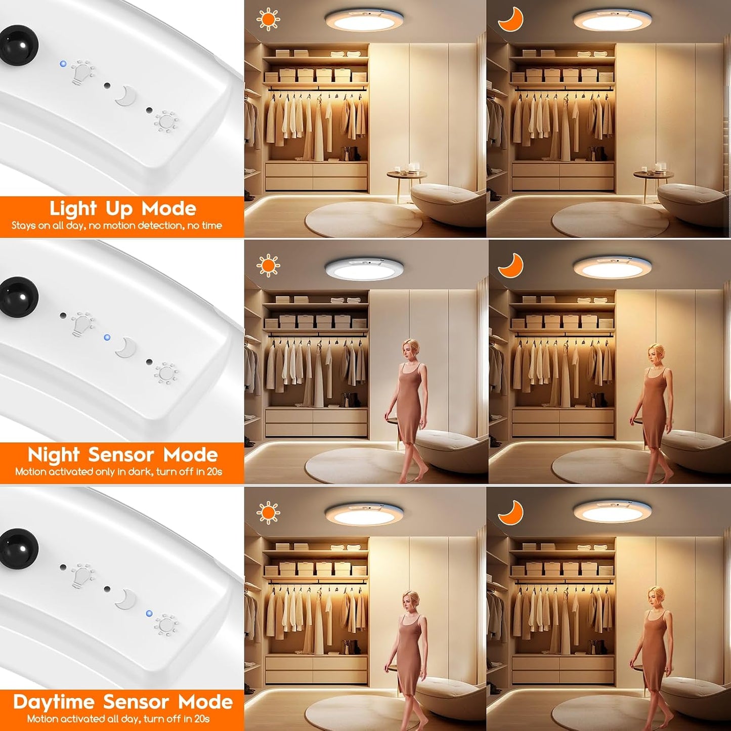 2 Pack Rechargeable Motion Sensor Ceiling Light, Wireless Ceiling Lights Battery Operated Closet Light with Remote