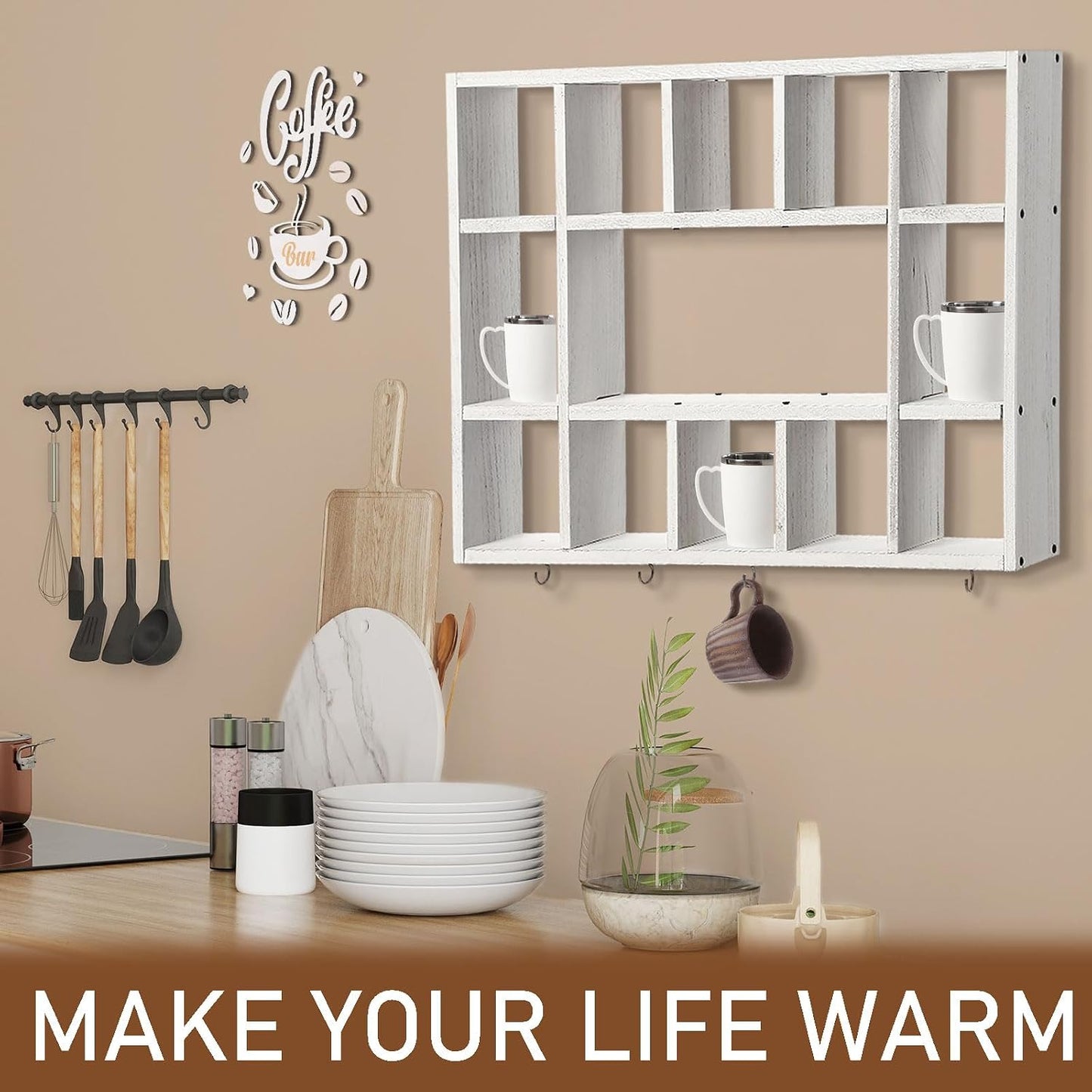 Cinnvoice Oversize Coffee Mug Display Shelf for Wall, Old White | Wood Coffee Mug Rack, Wall Mounted Shelf, Cubes Cup