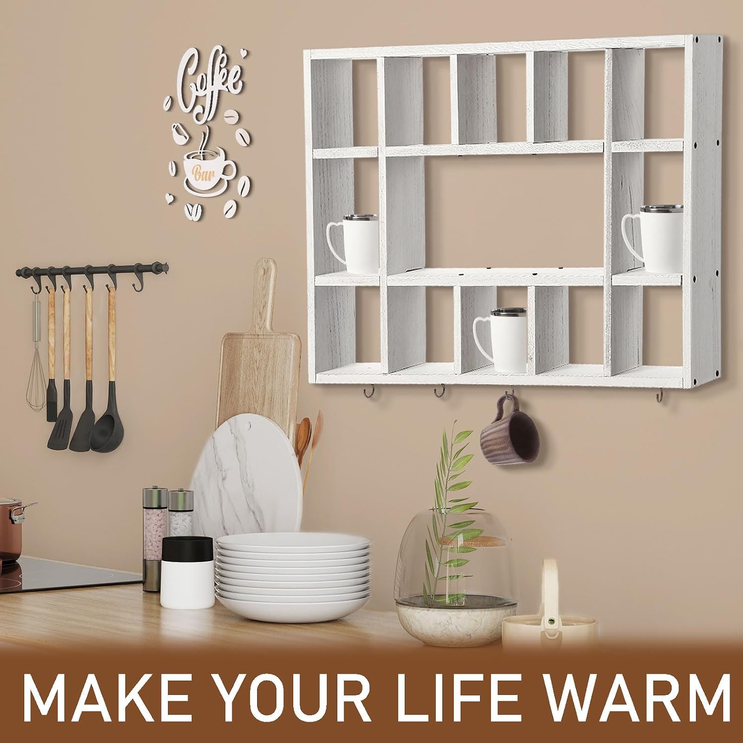 Cinnvoice Oversize Coffee Mug Display Shelf for Wall, Old White | Wood Coffee Mug Rack, Wall Mounted Shelf, Cubes Cup