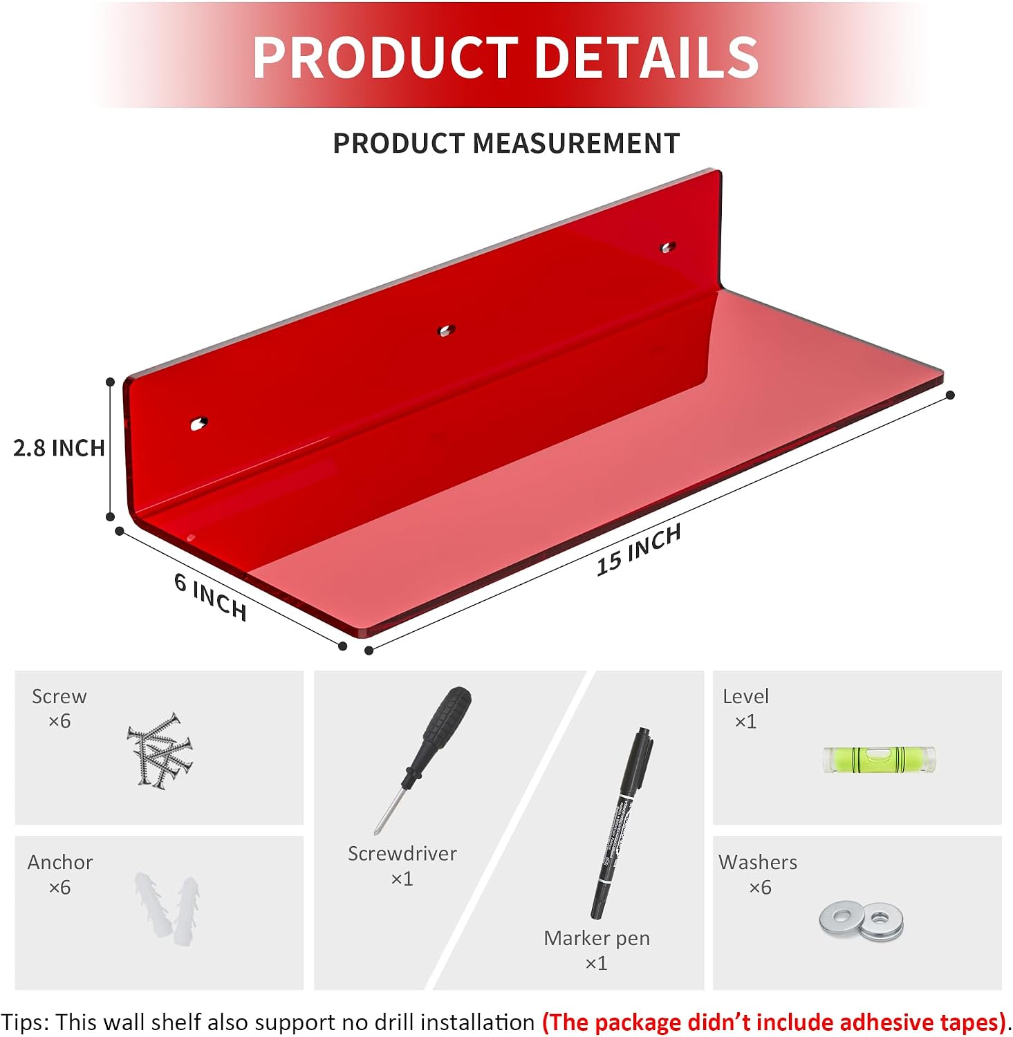 Sezanrpt 15 Inches Red Acrylic Shelves, Wall Mounted Shelves for Bedroom, Wall Display Shelves for Collectibles, Funko