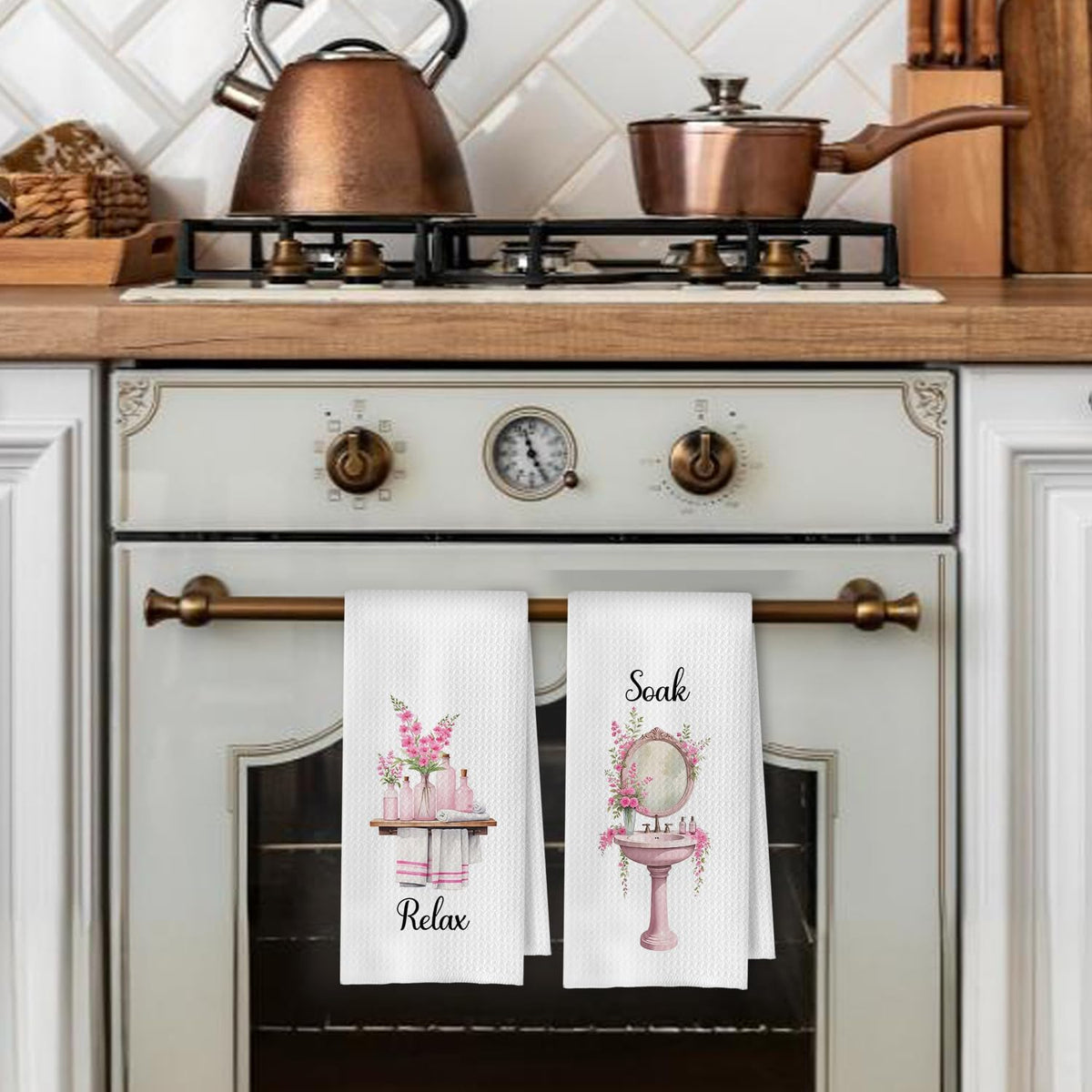 Farmhouse Pink Botanical Bathroom Hand Towels, Relax Breathe Soak Unwind Botanical Decorative Hand Towels for Gym Yoga