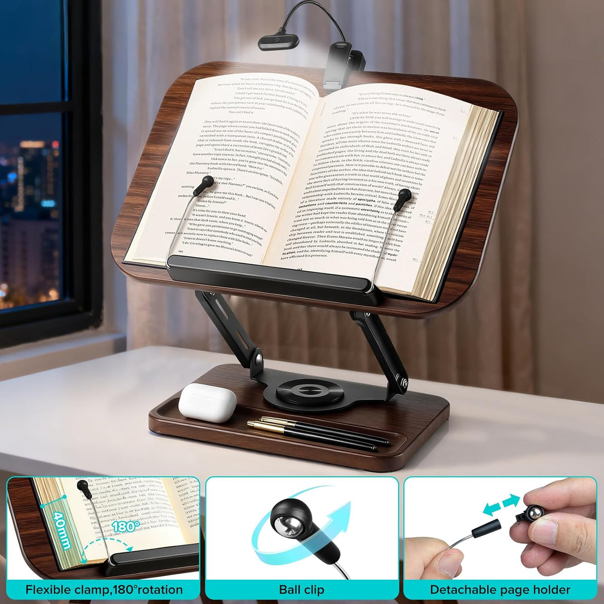 Book Stand with Light & Storage, Book Holders for Reading Hands Free | bible stand holder, wooden cookbook stand