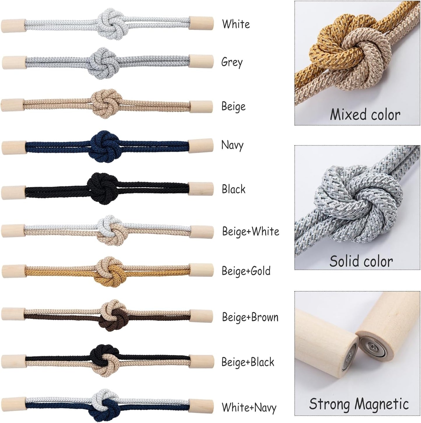 Wood Tie Backs Rope Holder / Silver / Set of 4