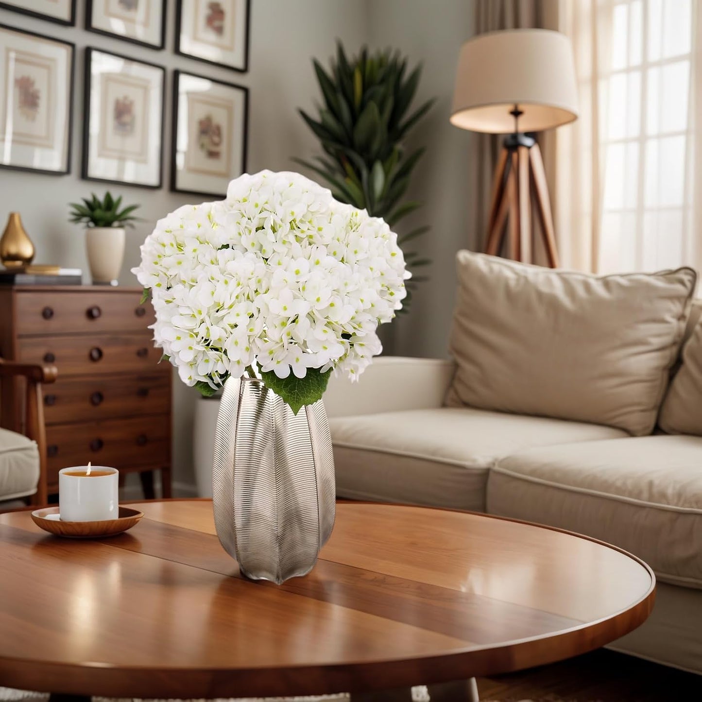 Kimura‘s Cabin Hydrangea Artificial Flowers Real Touch Latex Fake Hydrangeas / White / Set of 5