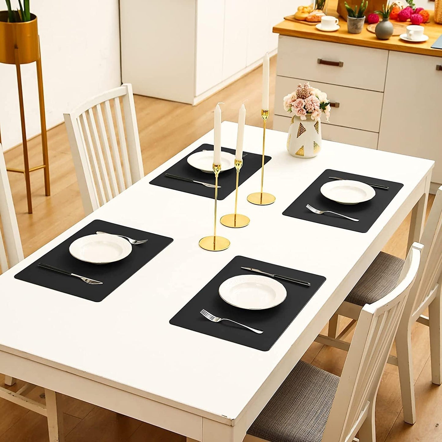 Vinjiasin Placemats Set of 8 Black Leather Place Mats for Indoor Outdoor Kitchen Dining Table Mats Waterproof Wipeable