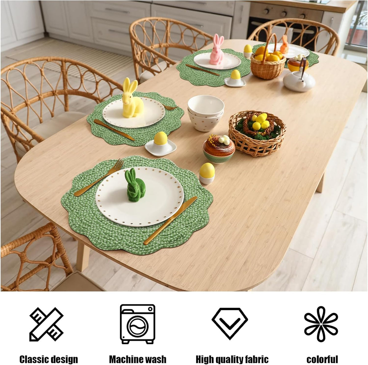 HOMBYS Quilted Placemats Set of 4 Washable Round Placemats for Kitchen Table-100% Cotton Fabric Round Table Mats