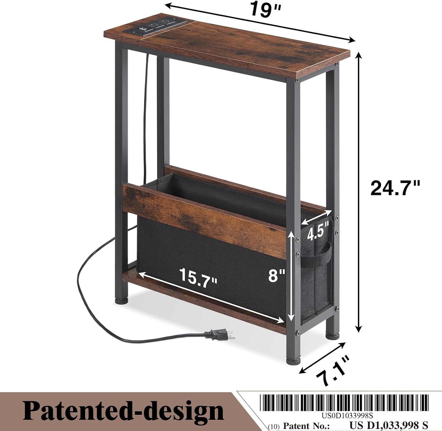 Slim Charging End Table with Storage - For Small Spaces and Bedroom