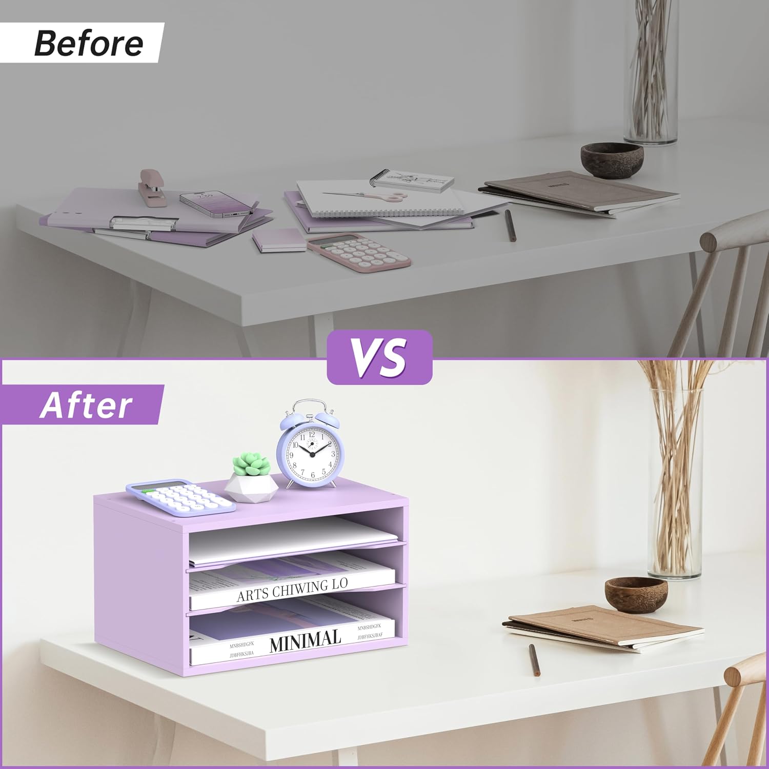 3 Tier Wood Desk Organizer, Paper Organizer for Desk, Purple | Wooden Desktop Organizer for Sorting Papers, Letters and