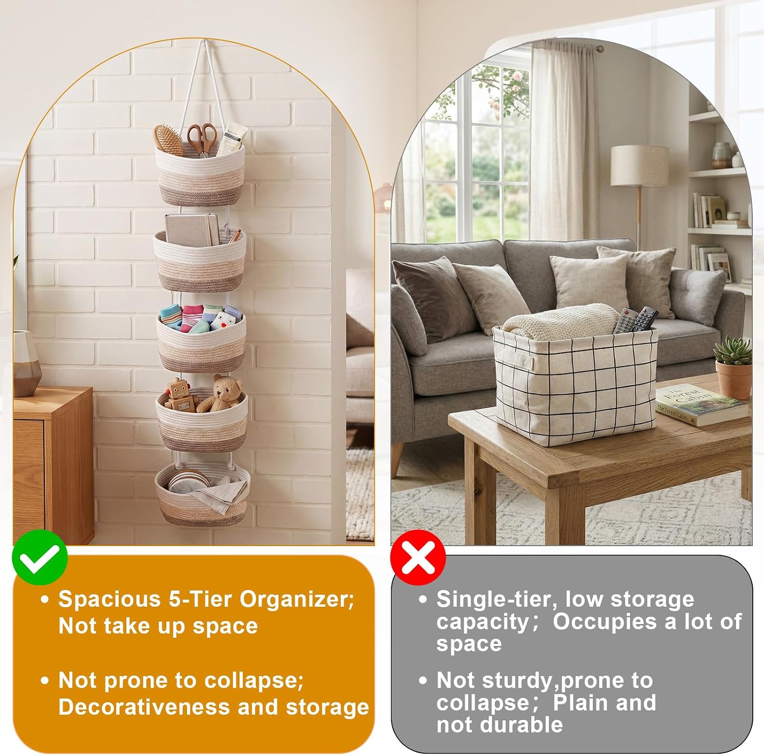 5 Tier Over The Door Hanging Basket Boho Woven Cotton Wall Mounted Storage Organizer Bag / Brown