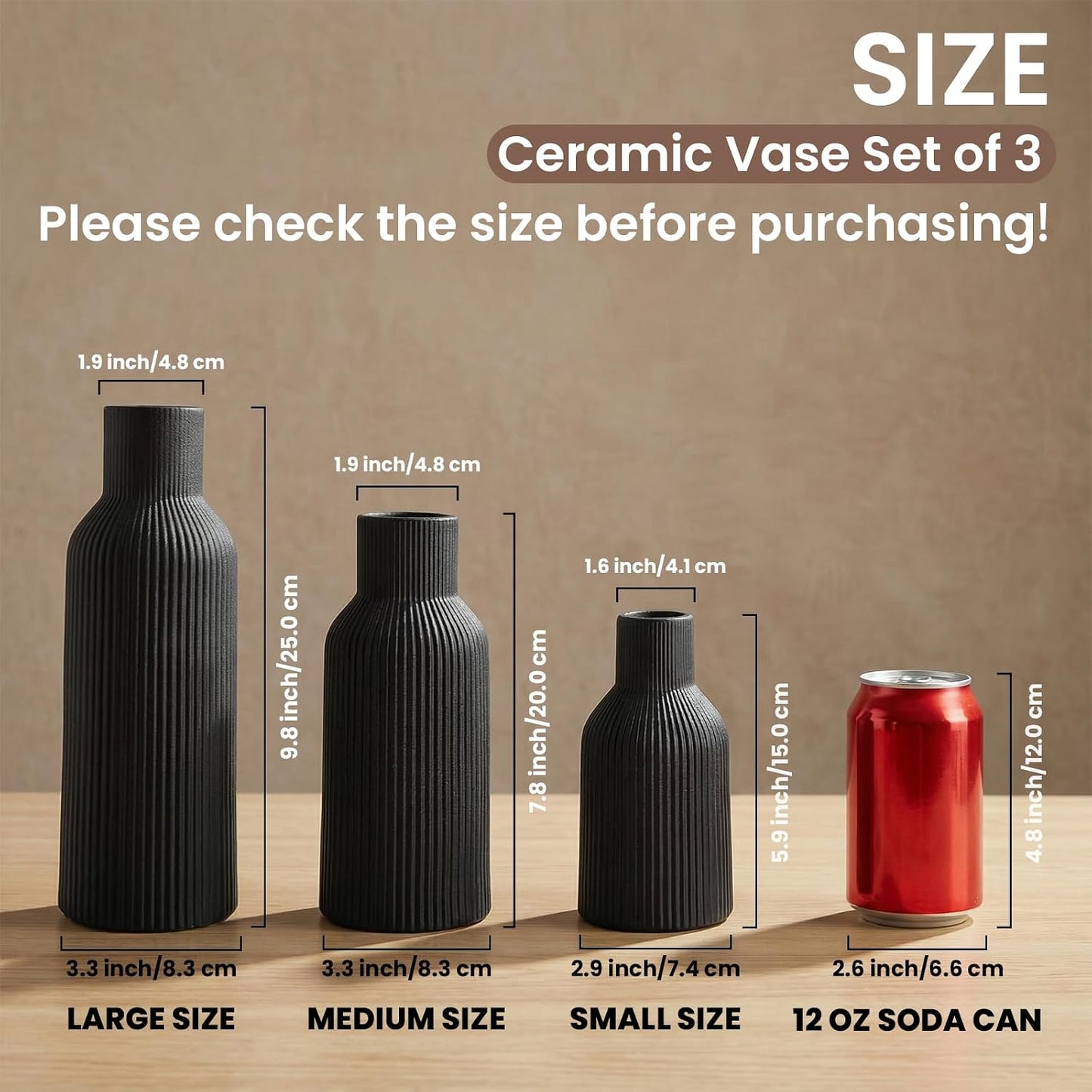 Ceramic Flower Vases / 3-piece-set / Black / Set of 3