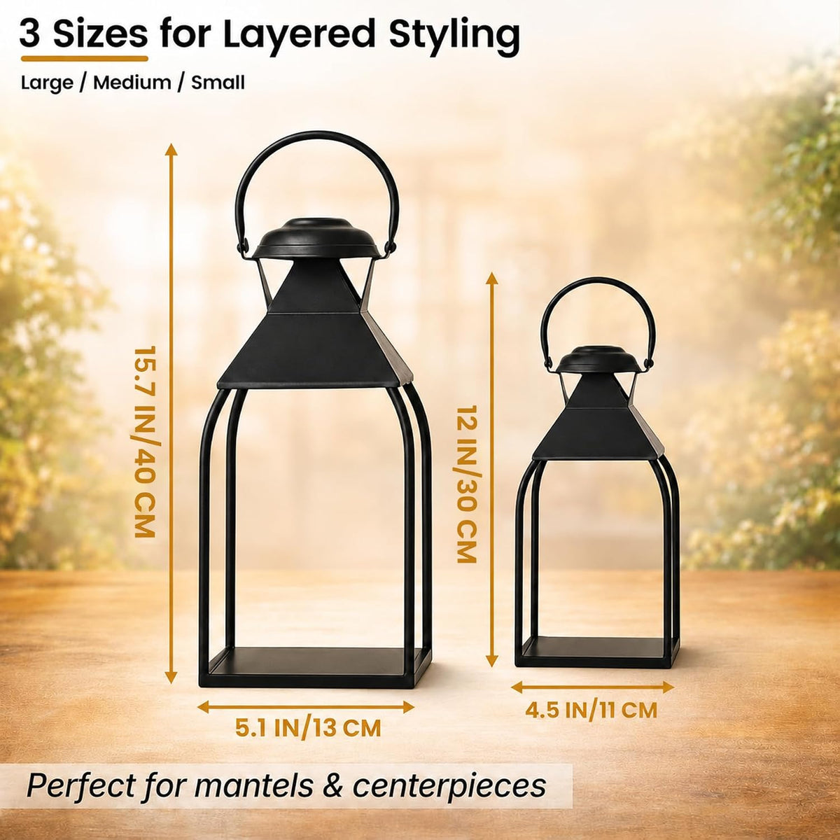 Decorative Metal Lanterns Indoor Outdoor, Set of 2 Outdoor Candle Holder | Candle Holder for Porch, Patio, Fireplace