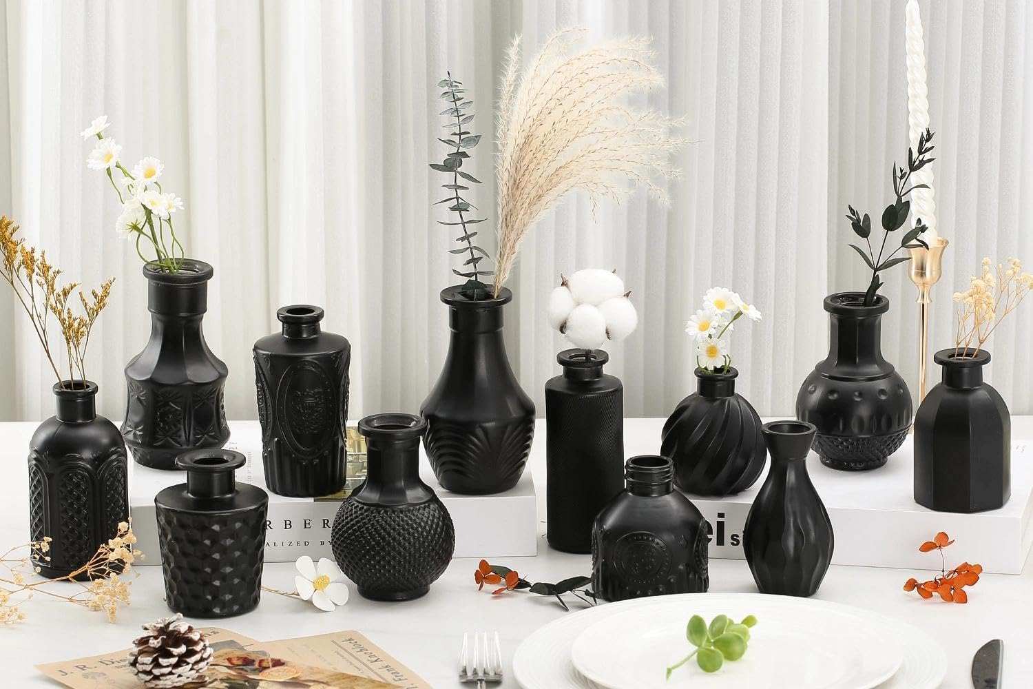 Clear Bud Vases for Flowers / Black / Set of 12