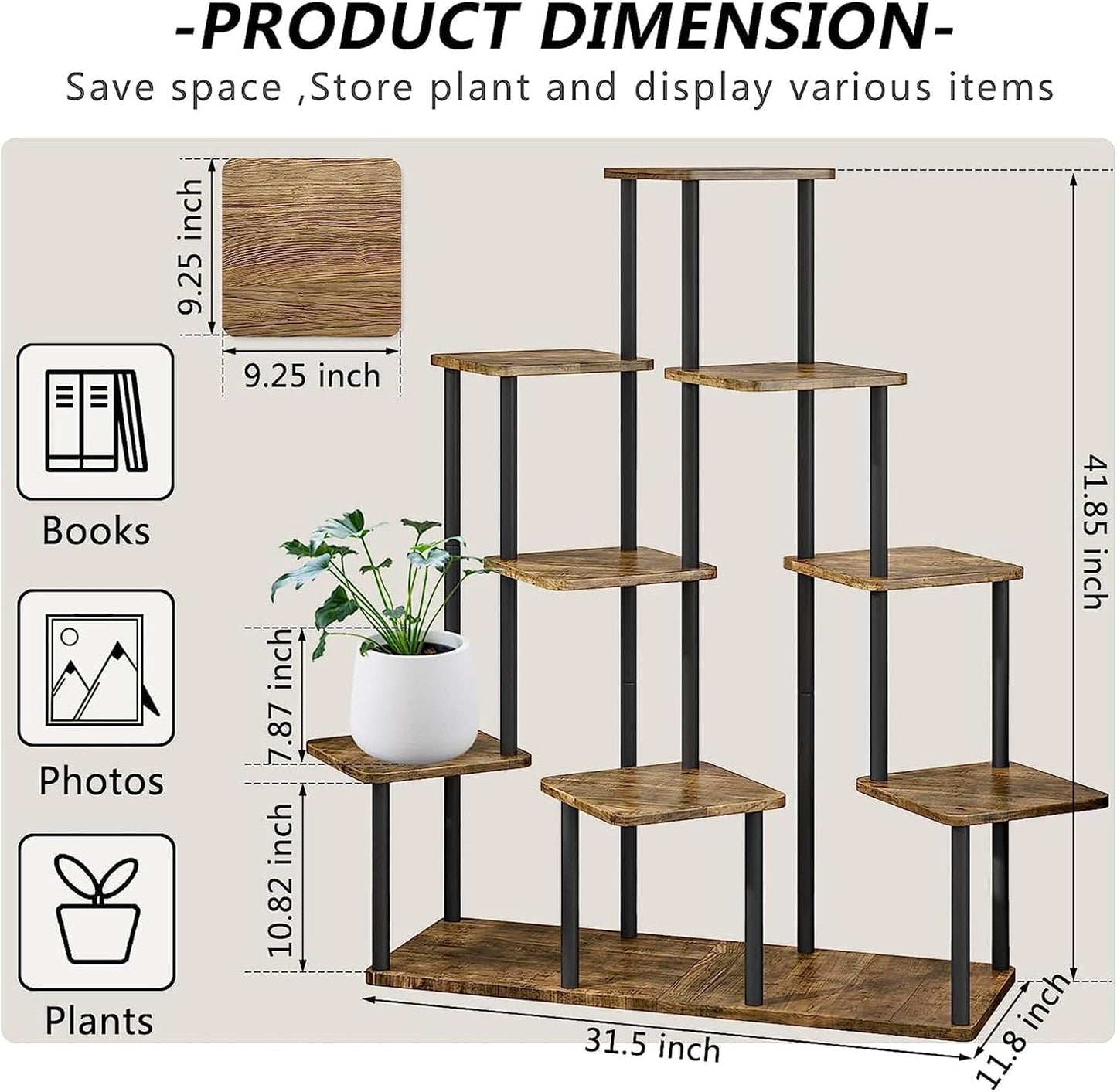 9 Tier Plant Stand Indoor, Thickened Metal Wood Corner Plant Shelf Stands for Multiple Plants, Indoor Tall Plants Stand