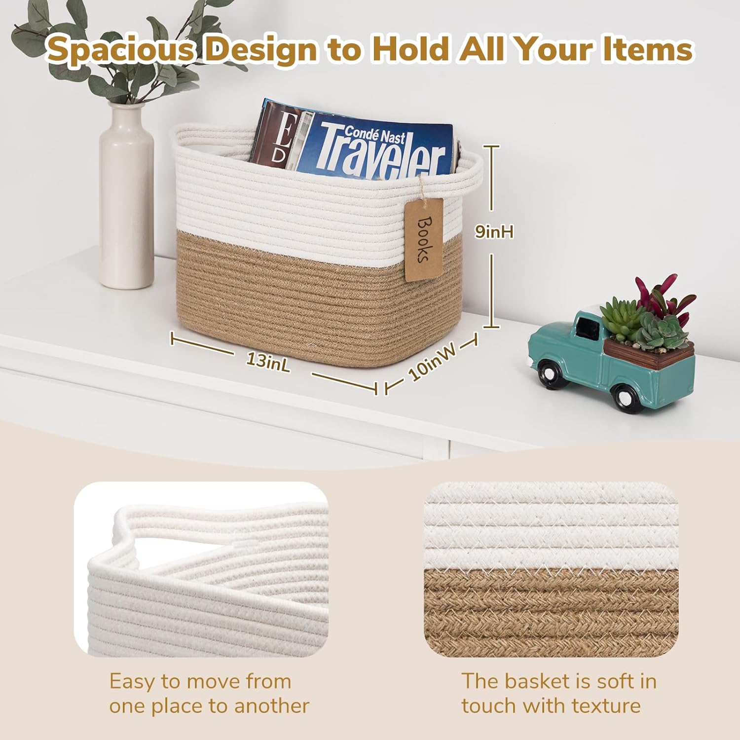 Woven Storage Basket / Jute / 13"L x 10"W x 9"H / White