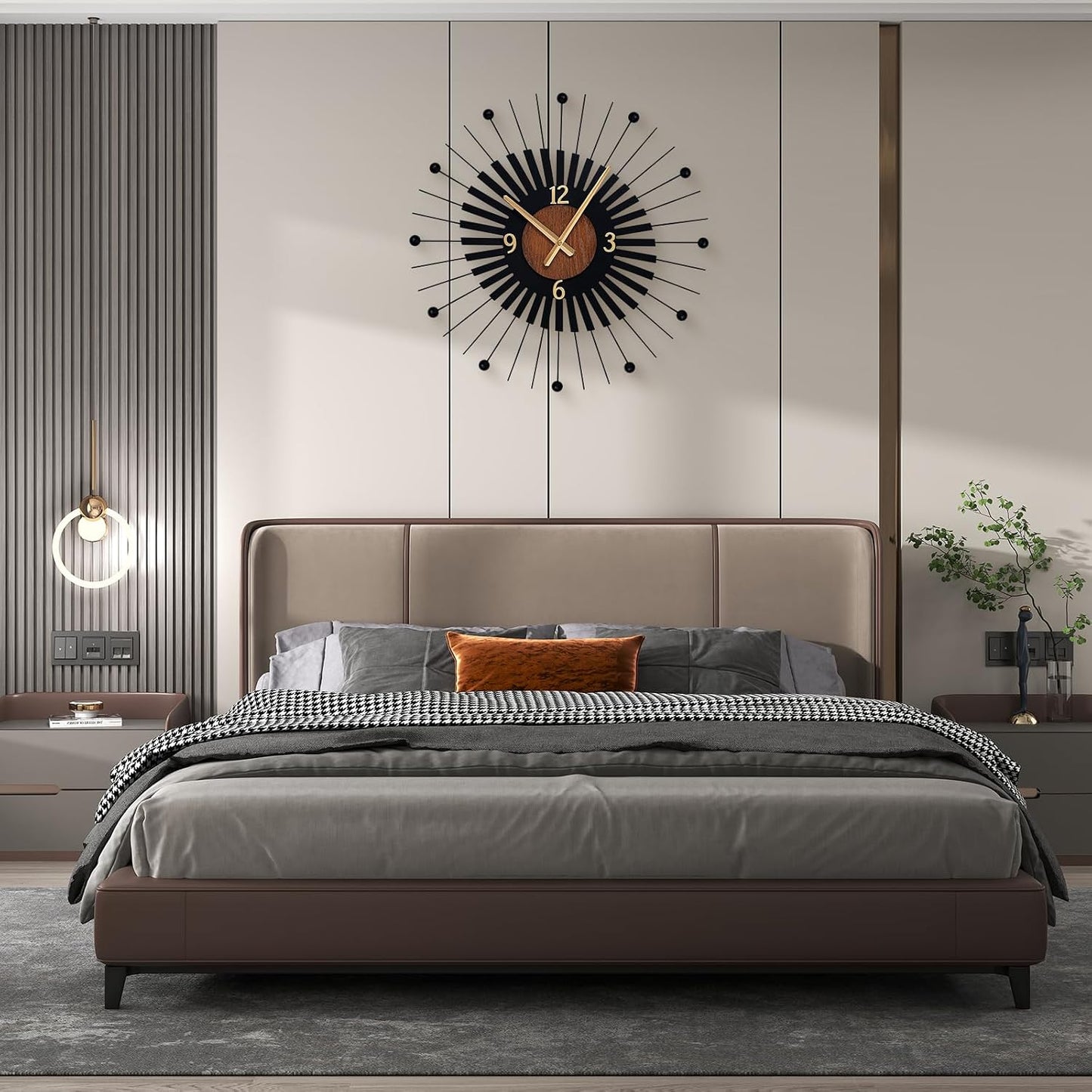 22 Inch Modern Sunburst Wall Clock Battery Operated Silent Quartz Movement | Black Metal Radiating Design with Walnut