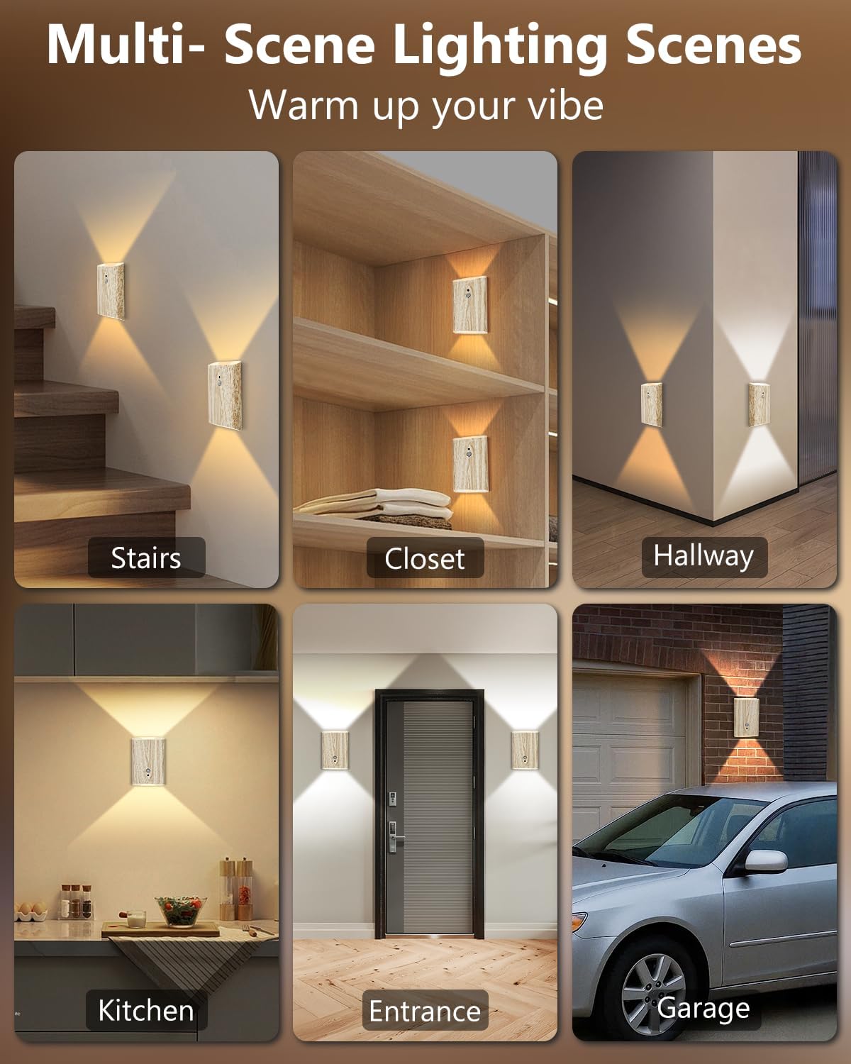 Rechargeable Motion Sensor Wall Sconce Set of 2 (Wood) | 5000mAh Battery Operated Wall Light Indoor, 3 Colors Up/Down