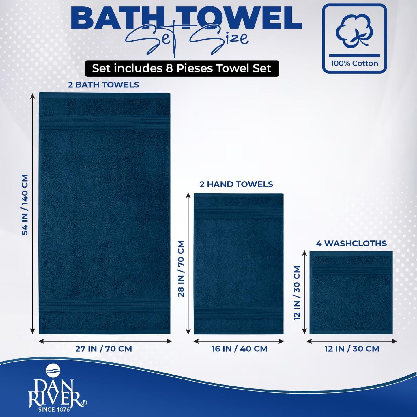 DAN RIVER 8 Piece Luxury Bath Towels for Bathroom, Towel Set, Blue Opal | 2 Bath towels, 2 Hand towels, and 4 Wash