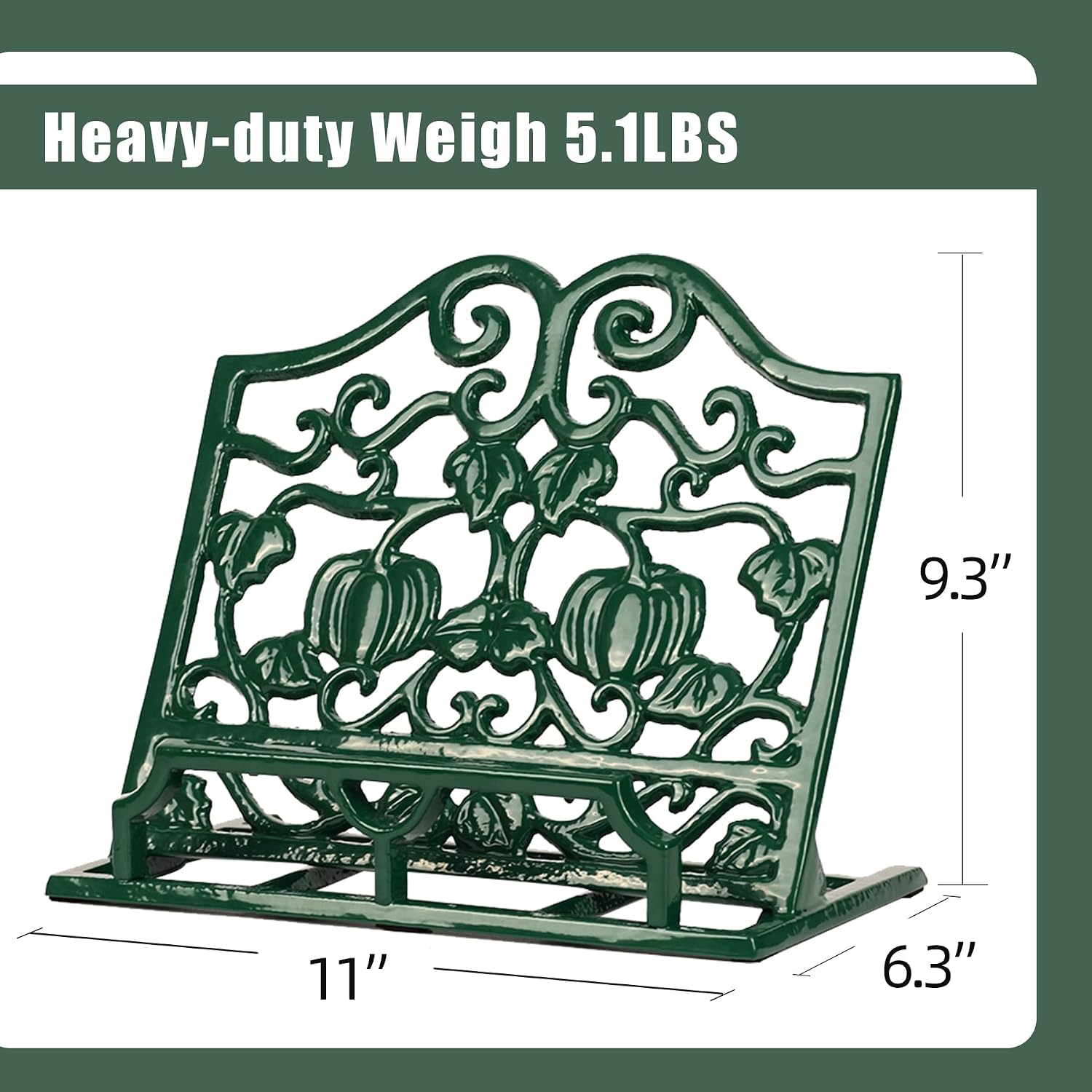Vintage Cookbook Stand, Durable Wrought Cast Iron Recipe Book Holder for Kitchen Counter, Large Metal Cook Book Stand