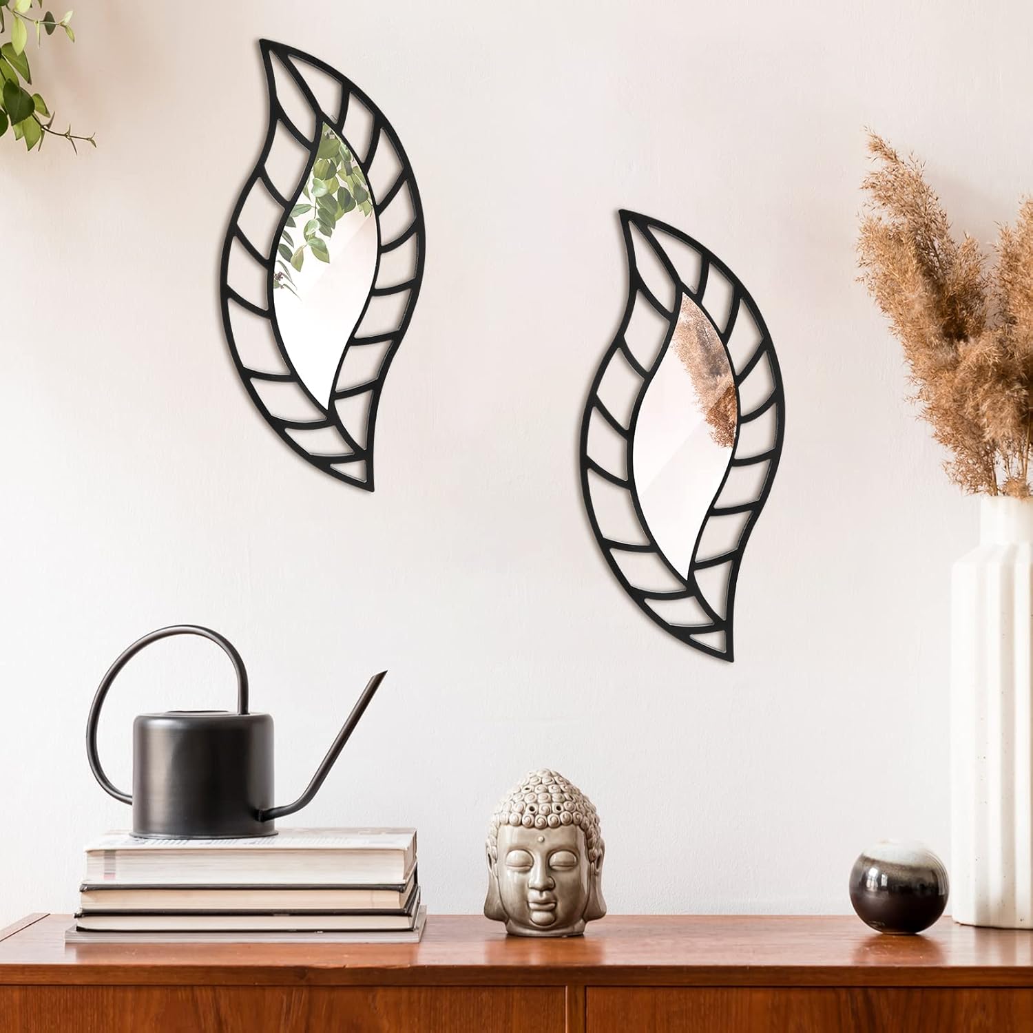 Decorative Mirror Wall Decor Leaf Teardrop Mirror Wall Mounted Decorations / Black / Set of 2