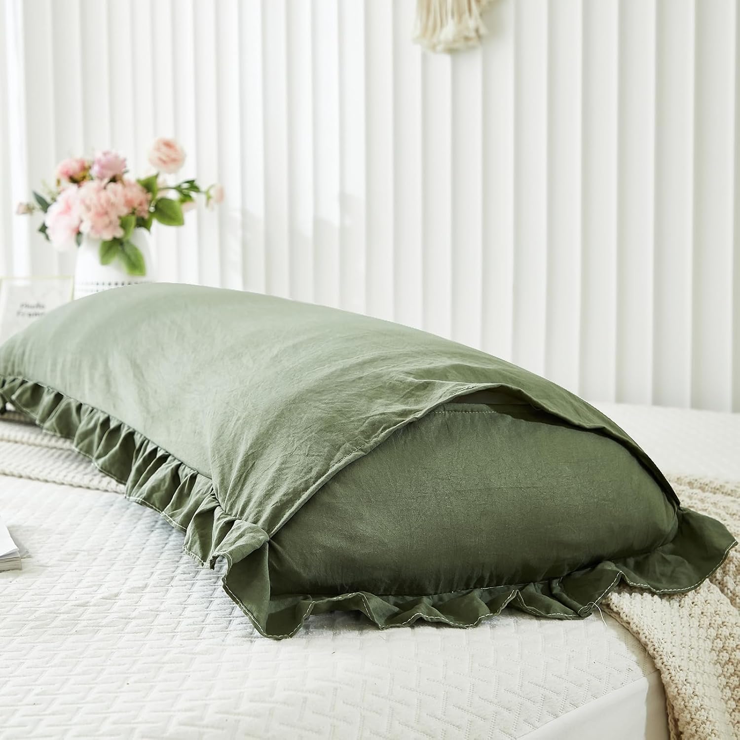 Shabby Chic Pillow Cover / Body / Olive Green / 20 x 54
