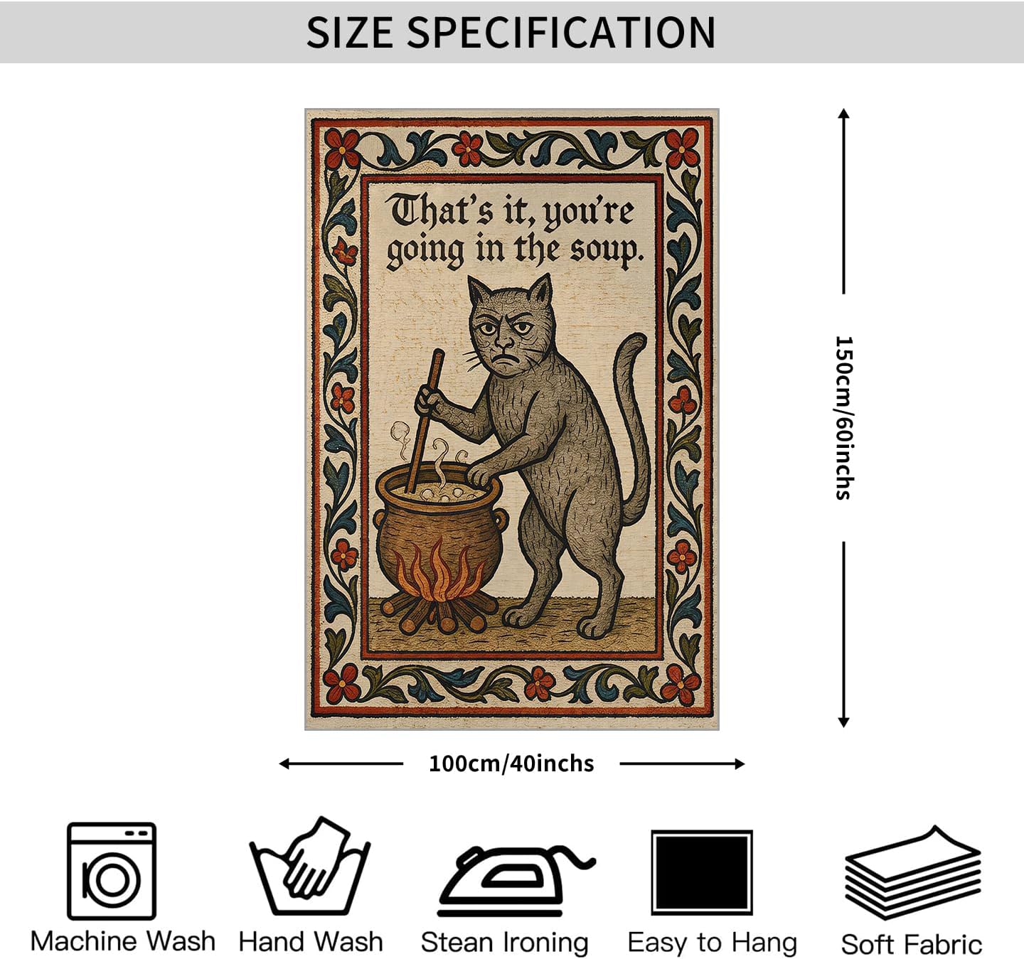 Weird Medieval Cat Woven Tapestry Vintage Medieval Cat Aesthetic / Tapestries / White / 60"L x 40"W