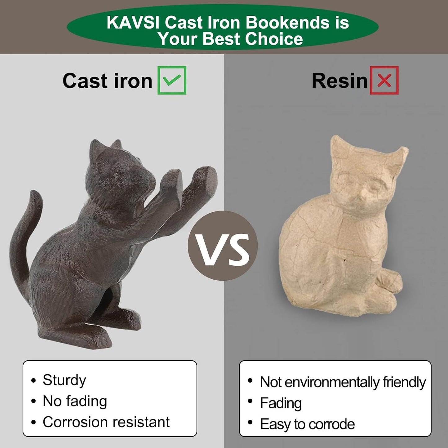 Decorative Bookends / Unique Cast Iron Animal Shape Book Ends to Hold Books Heavy Duty / Cat