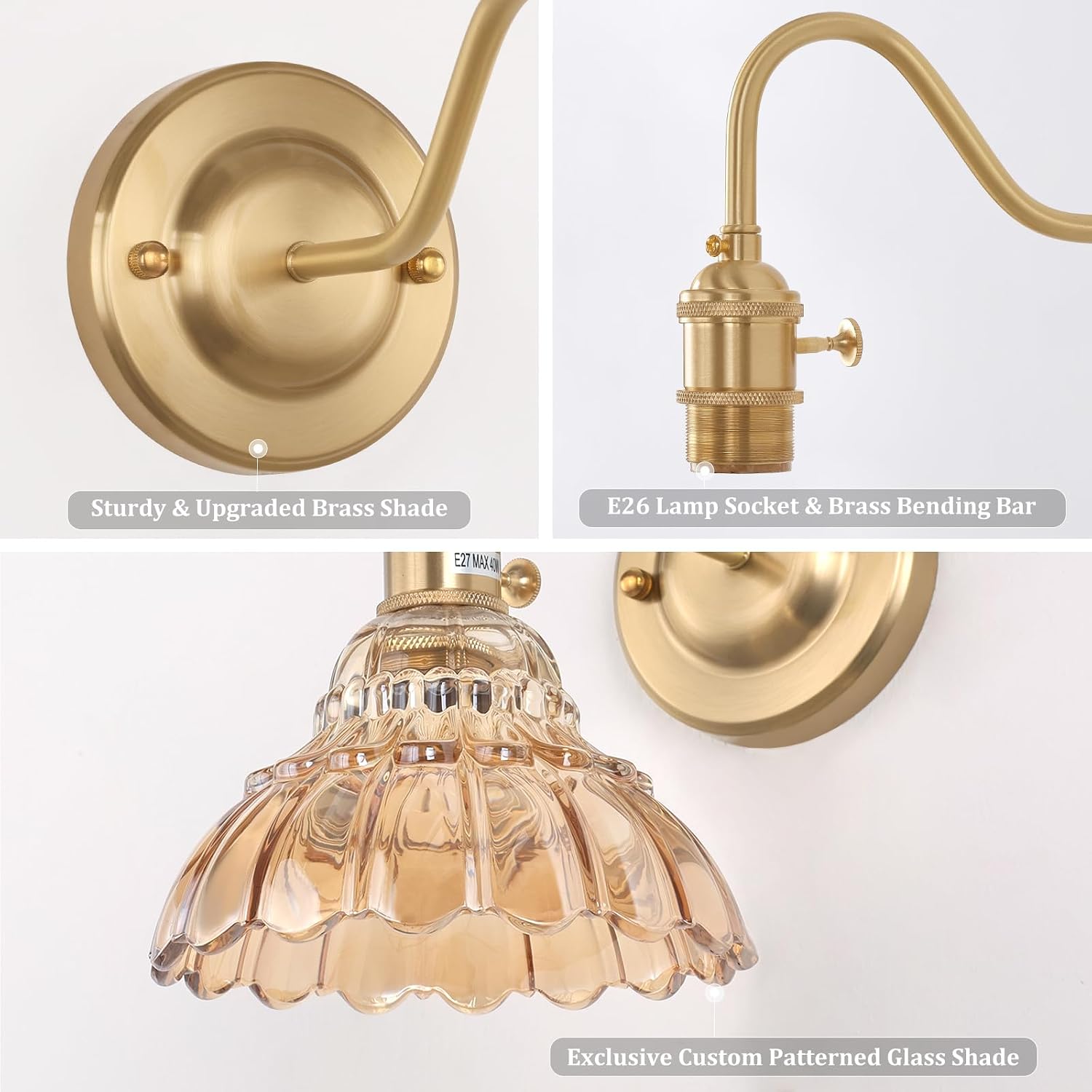 Shenmoyl Battery Operated Wall Sconce Set of 2, Vintage Rechargeable Wall Lights with Amber Lily Glass Shade, Wireless