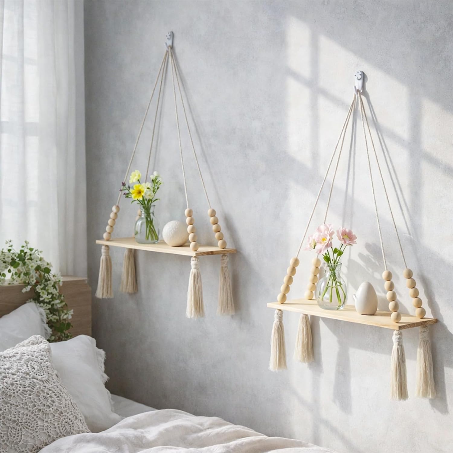 Wooden Wall Hanging Shelves / Beige Tassel / Set of 2
