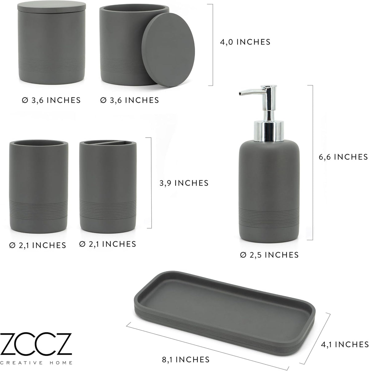 Gray Bathroom Accessories Set 6 Pieces - Toothbrush Holder, Lotion Dispenser, Qtip Container, Vanity Tray, Tumbler