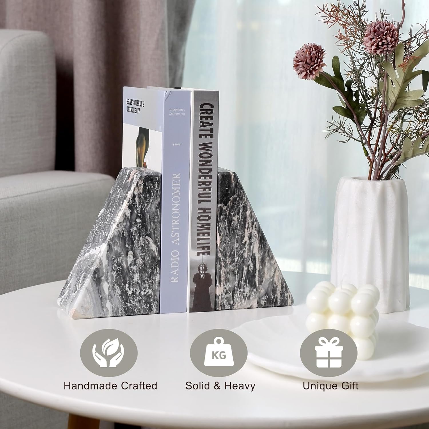 Marble Bookends / Large Bookends for Heavy Books / Gray