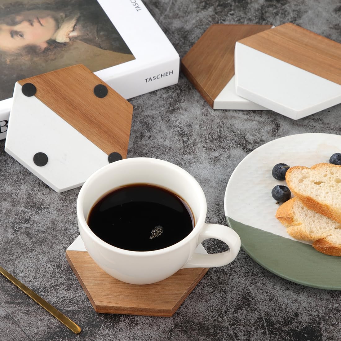 Modern Rustic Acacia Hexagon Coaster Set Decorative Bar Coaster / Hexagon White Marble + Wood