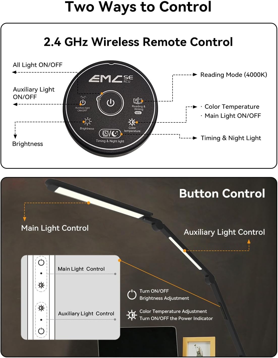 LED Desk Lamp with Clamp, Architect Desk Lamp with Remote, Flexible Swing Arm Desk Light with Dual LED Light, Stepless