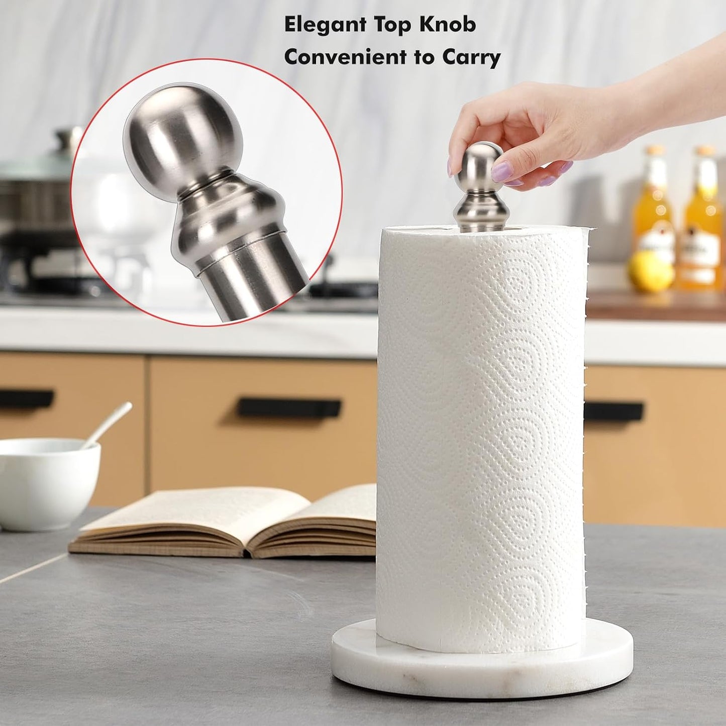 Exilon Paper Towel Holder Countertop with Heavy Marble Base, Standing Paper Towel Roll Holder for Kitchen Bathroom