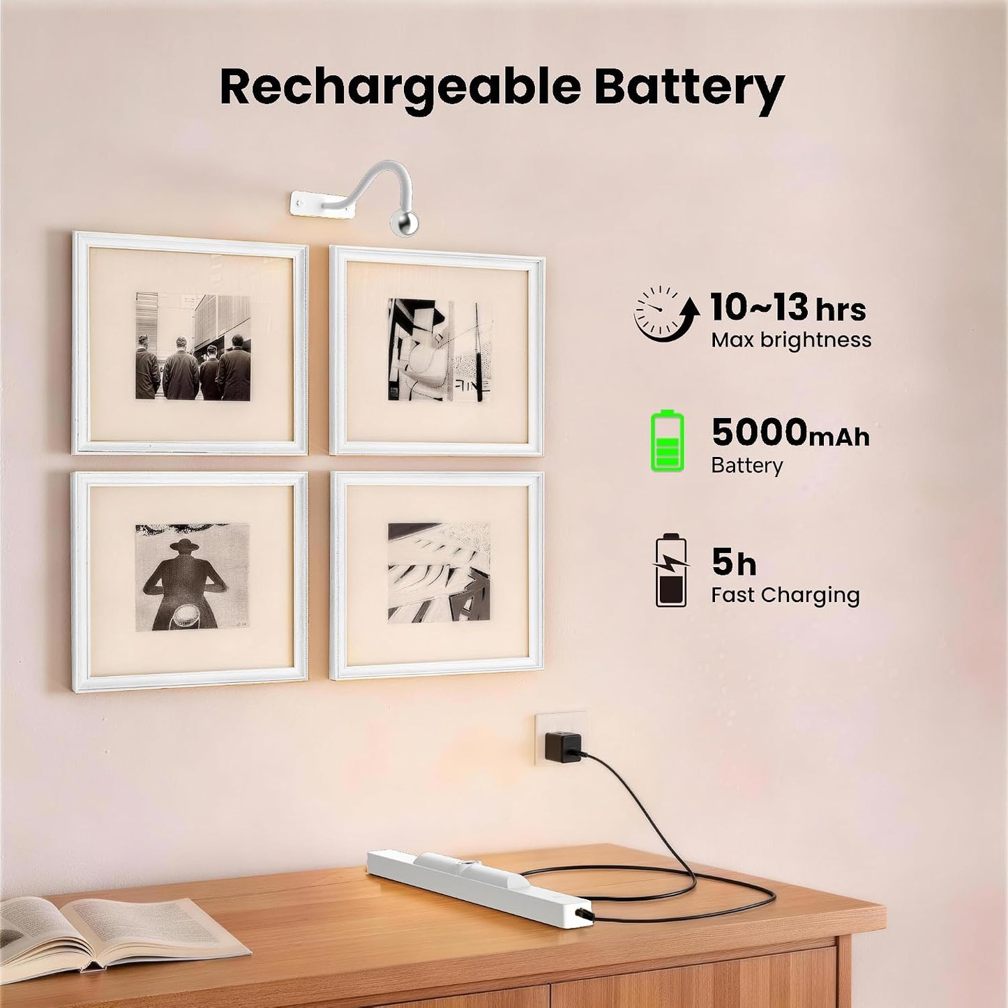 Cordless White Picture Lights for Wall Artworks - Wireless Remote, 3 Modes Dimmable 350LM Above Frame Lighting, 5000mAh