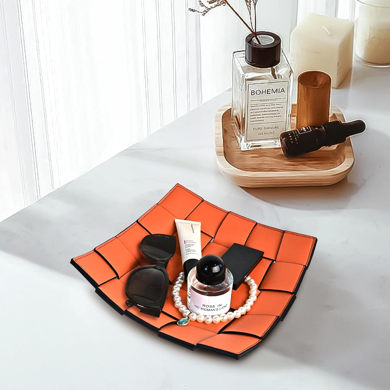 Valet Tray PU Leather Key Holder Bowl for Women and Men Entryway Table Nightstand / Orange + Black