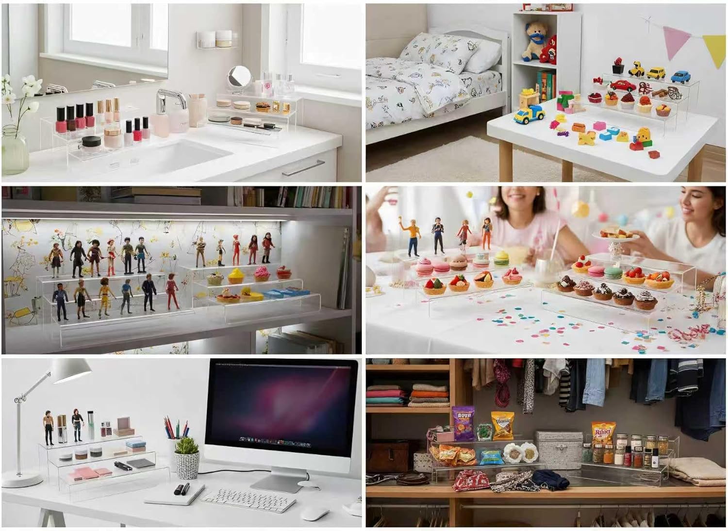 MerryNine Clear Acrylic Display Risers Stable Multi-Size | 6-Piece Set (8.66" base). Great for cosmetics, figurines