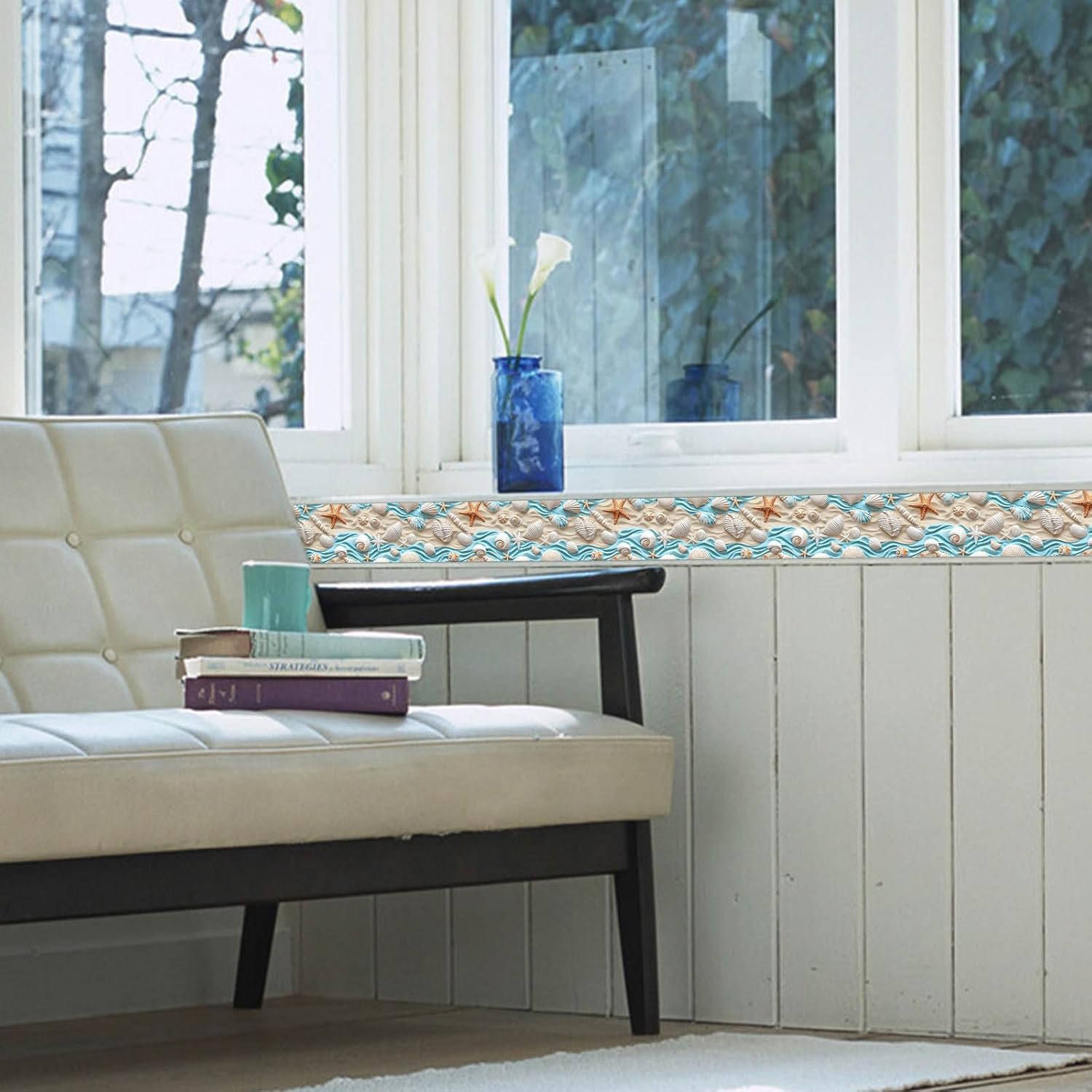 Gold Seashell Starfish Sand Peel and Stick Wallpaper Border Self / Seashells Sand / Blue / 4 x 196
