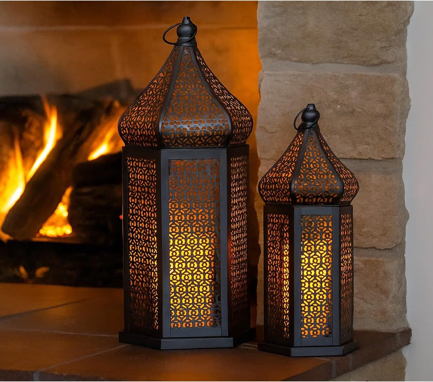Vela Lanterns Decorative Indoor Black Moroccan Temple Lanterns, Set of 2 | Black Ramadan Decorations for Home, Eid